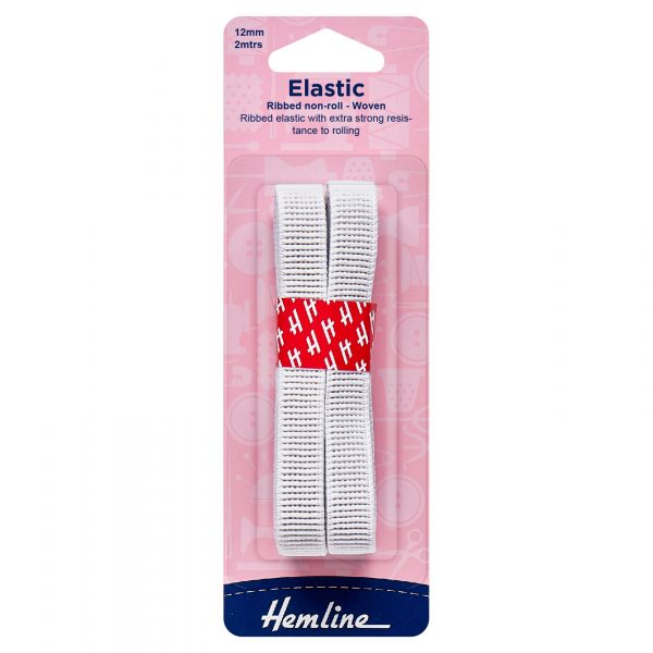 Non-Roll Ribbed Elastic: 2m x 12mm: White