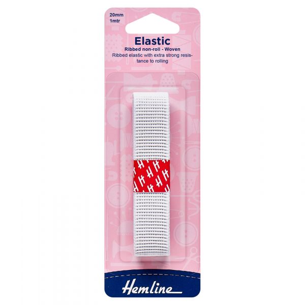 Non-Roll Ribbed Elastic: 1m x 20mm: White