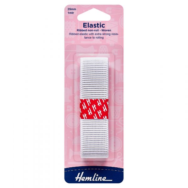 Non-Roll Ribbed Elastic: 1m x 25mm: White