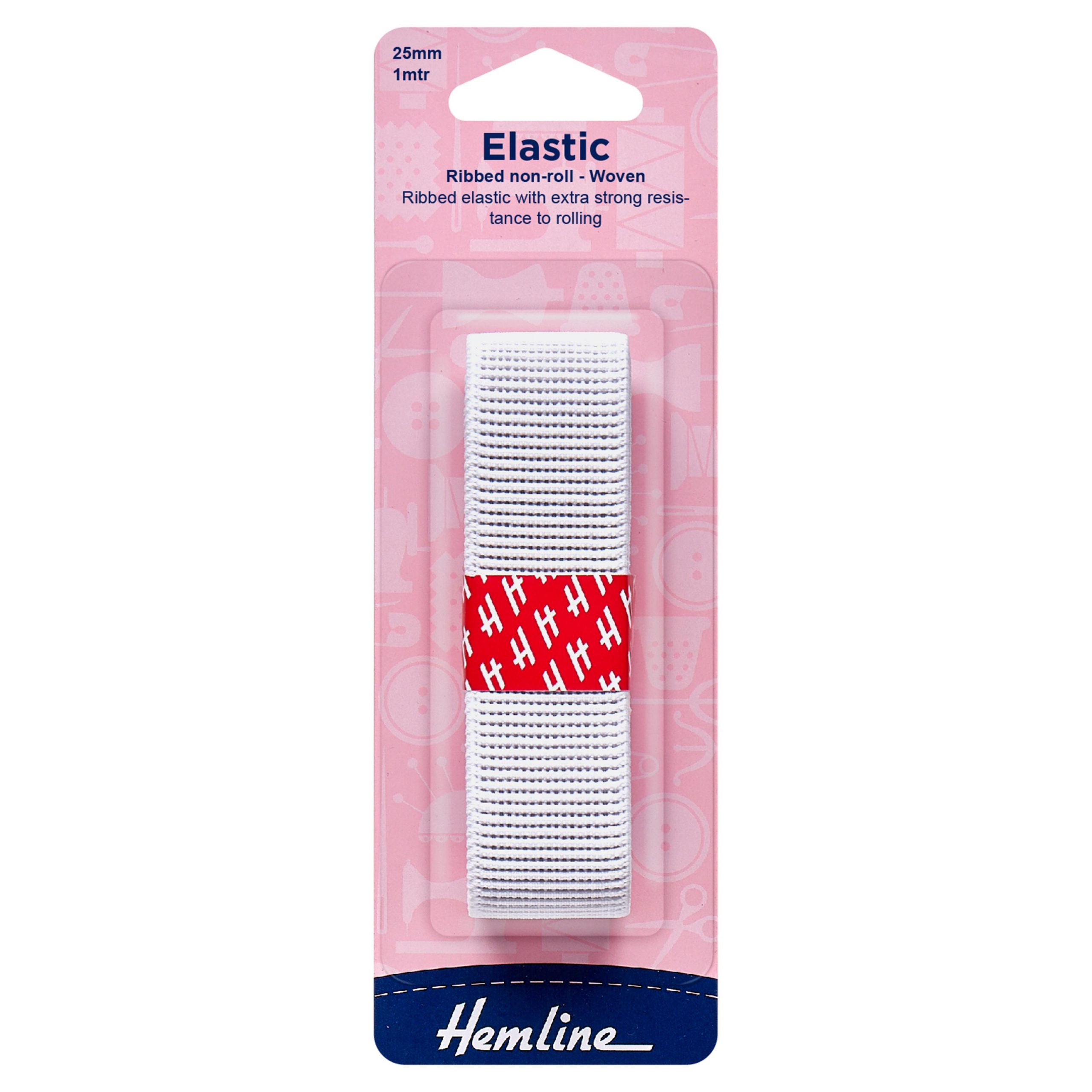 Non-Roll Ribbed Elastic: 1m x 25mm: White